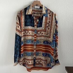 Rumours Handkerchief Front Button Silky Collared Top Oversized Boho Layering